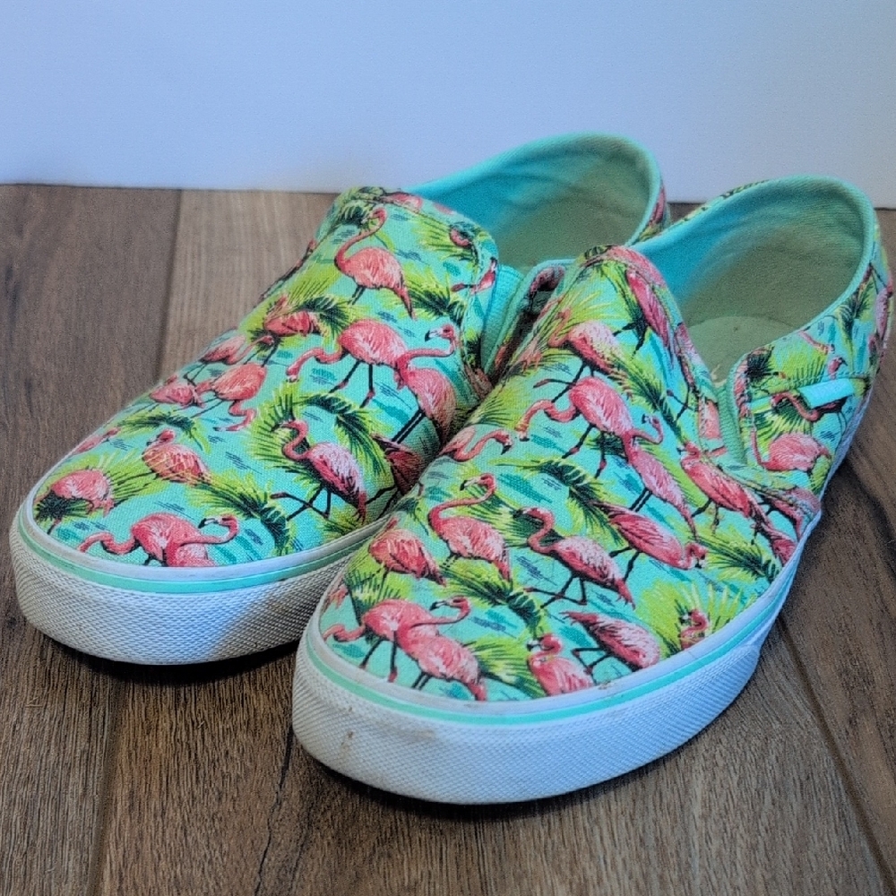 Vans Green and Pink Canvas Slip-On Sneakers